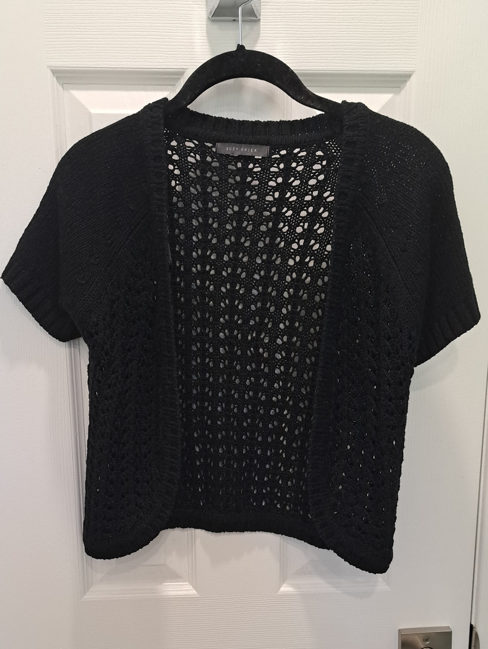 Suzy Shier Black Open-Knit Short Sleeve Cardigan Sweater Size Small
